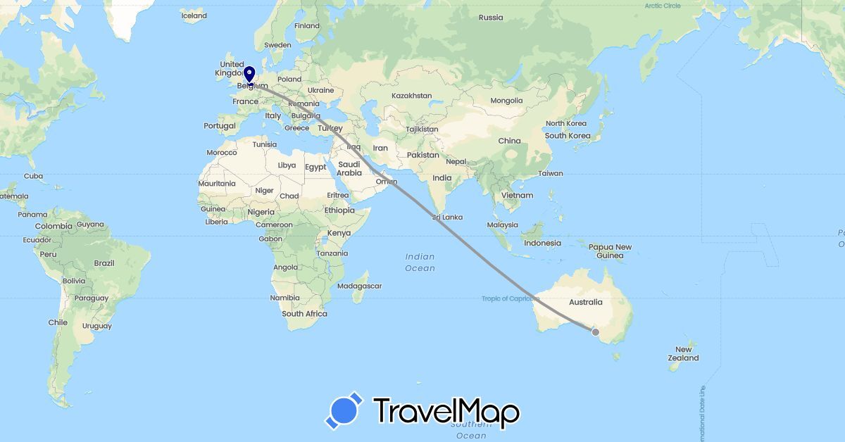 TravelMap itinerary: driving, plane in Australia, Belgium, Qatar (Asia, Europe, Oceania)